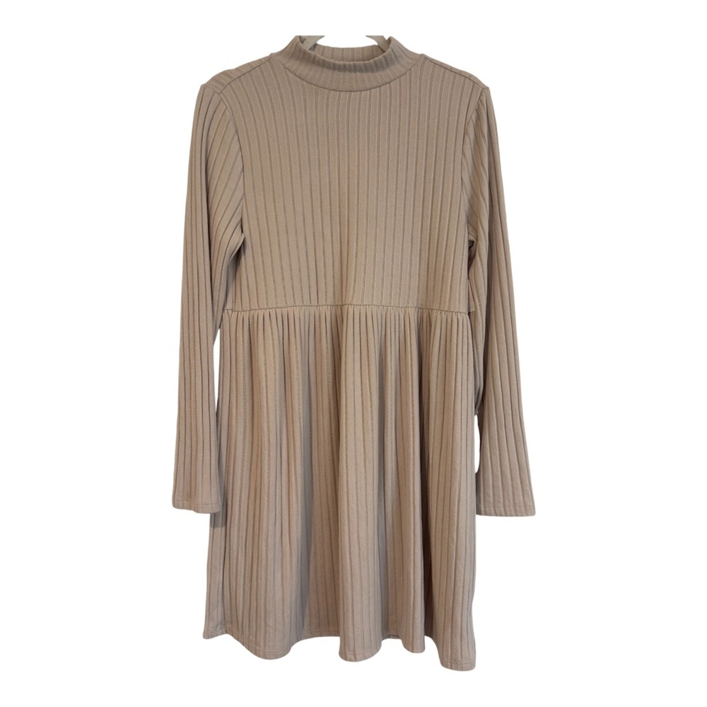 SO Goods For Life Tan Ribbed Mock Neck Long Sleeve Babydoll Mini Dress Large NWT